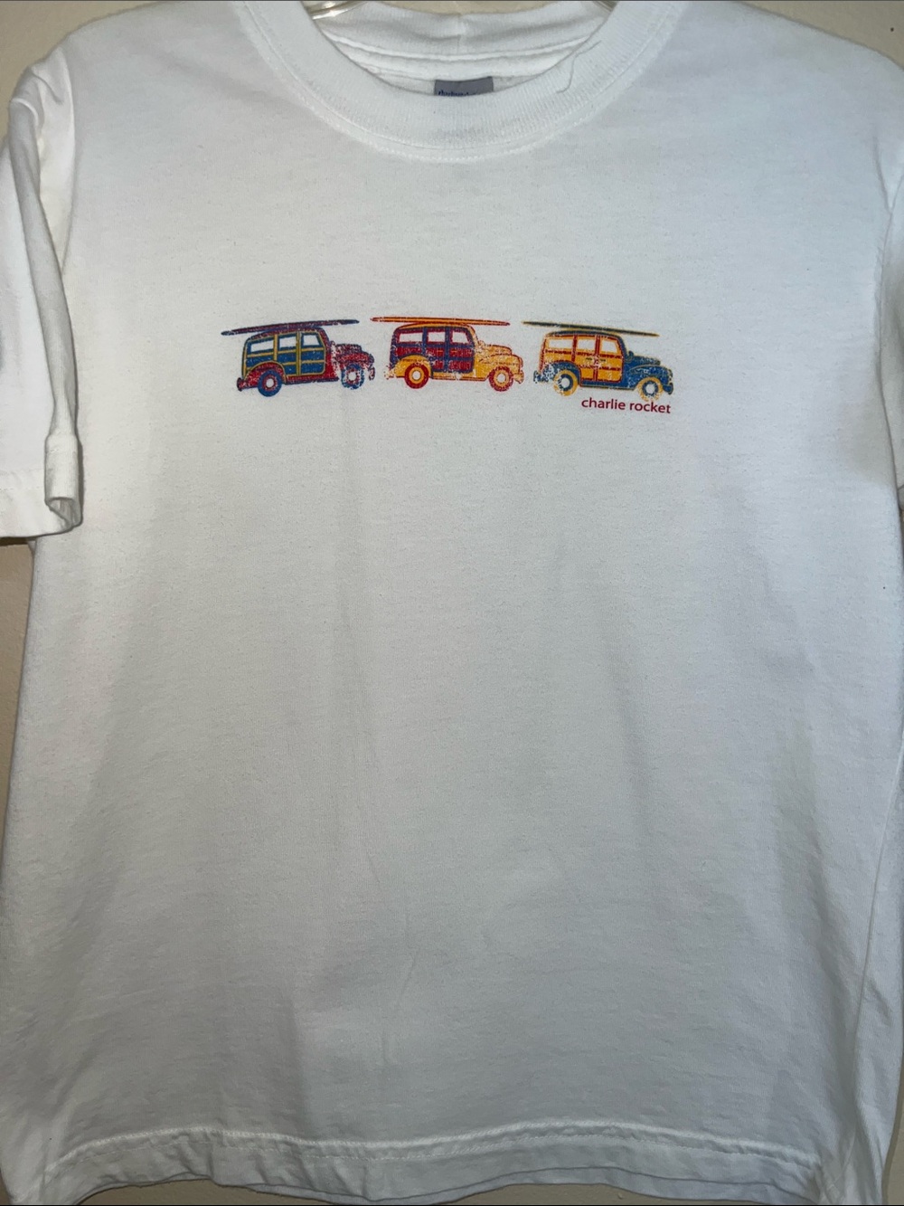 Charlie Rocket White Tee with Red Orange Yellow Blue Surf Vans